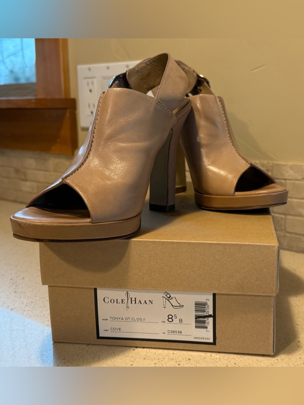 Cole Haan Nude Taupe Open-Toe Platform Clog Heels